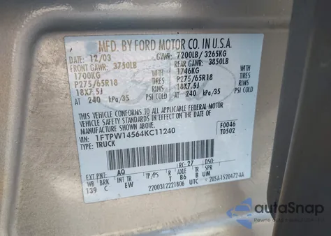 2004 Ford F-150 Fx4/Lariat/Xlt from USA, damaged, VIN 1FTPW14564KC11240